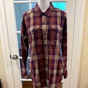 Kavu Women’s Maroon, Orange, and Cream Plaid Flannel Shirt. Size M
